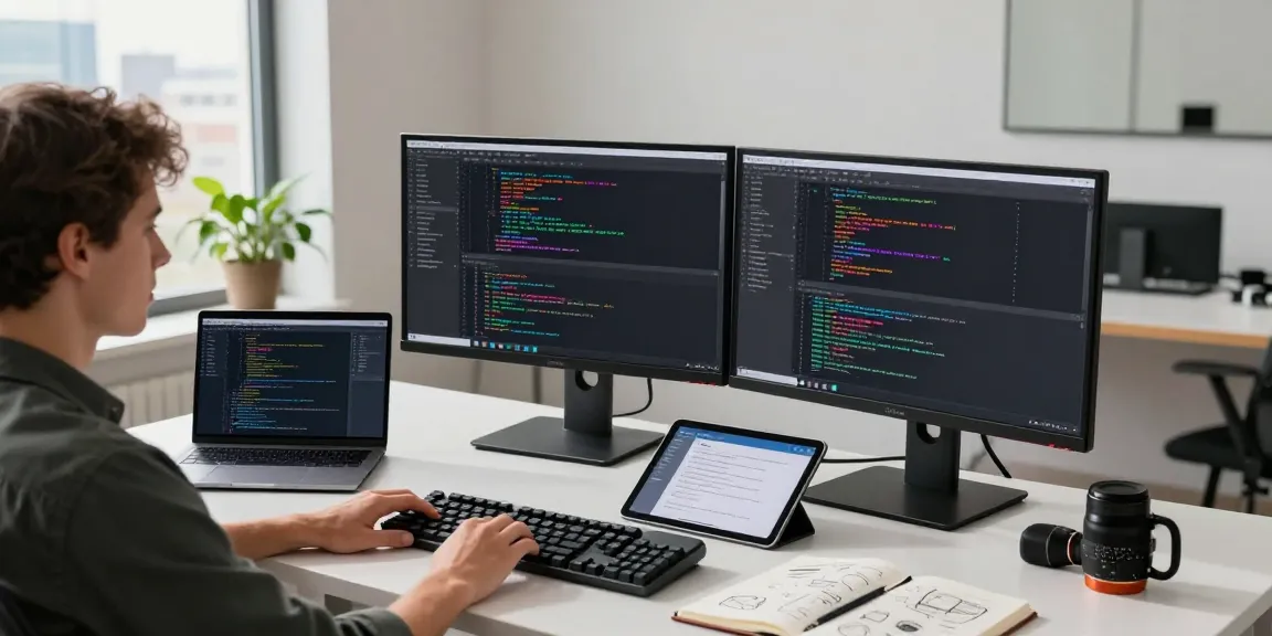Developer coding at modern desk with dual monitors, showcasing telegraimin.com in a vibrant tech workspace.
