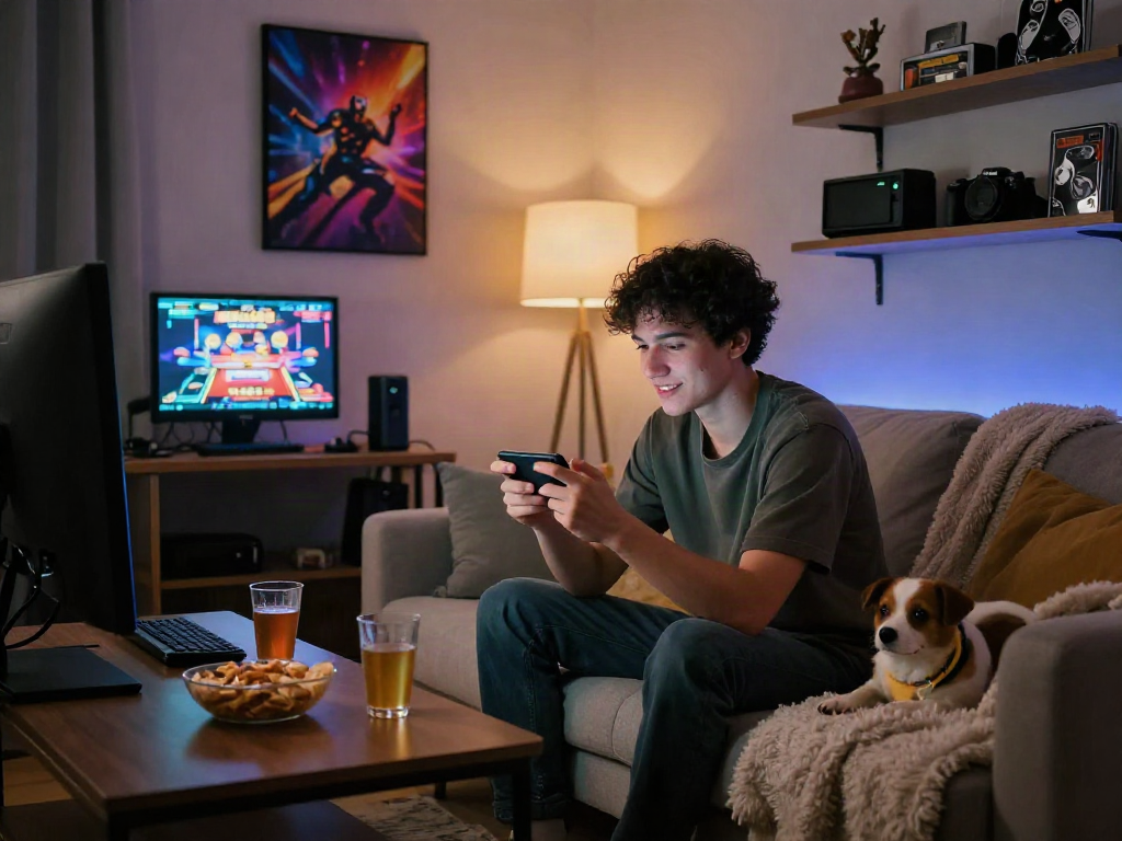 Engaging player immersed in MEGA888 casino game in cozy living room.
