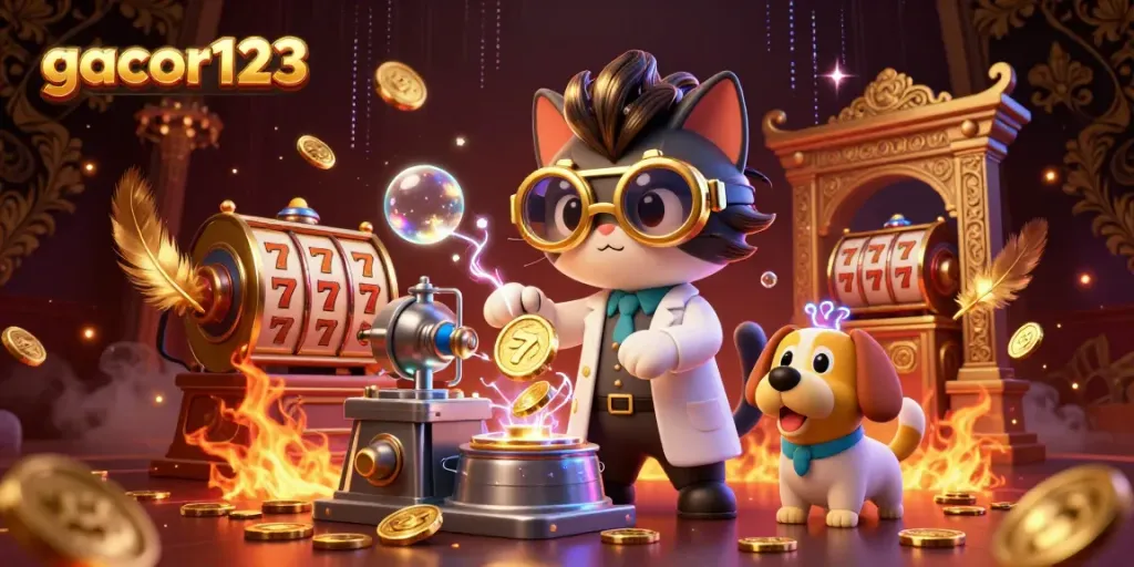 Join the fun at gacor123 with a lively mad scientist cat and dog in a casino-themed adventure.