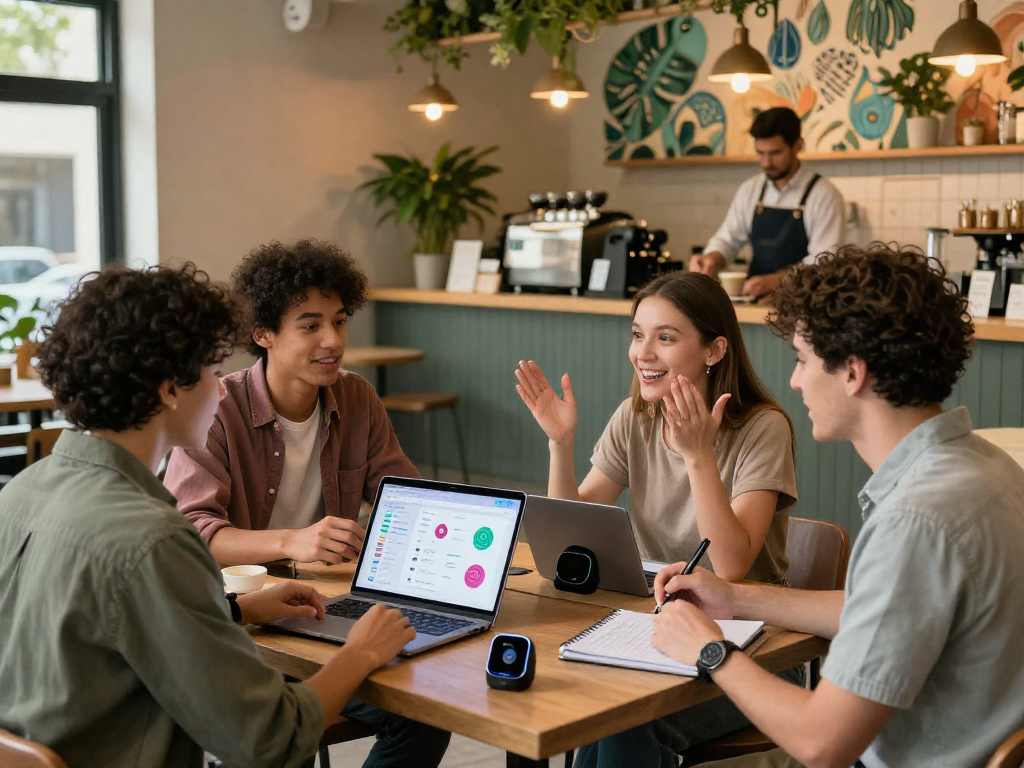 Engaging urban café scene with diverse individuals exploring AI sluts in personal connection apps.