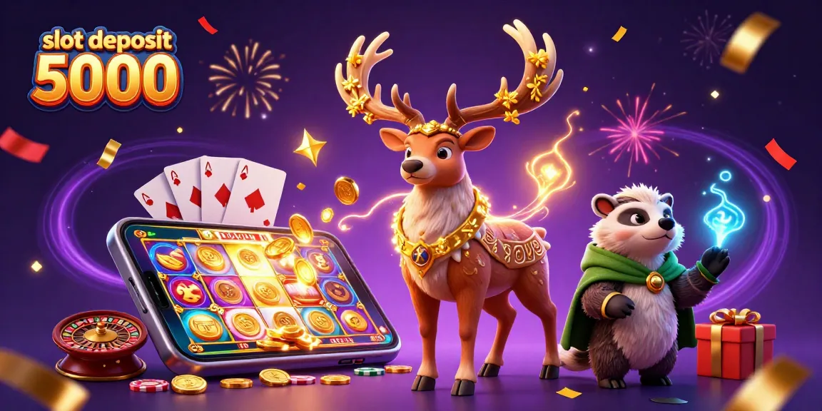 Menangkan slot deposit 5000 dengan ilustrasi 3D dari karakter kartun dadu dan elemen permainan kasino.
