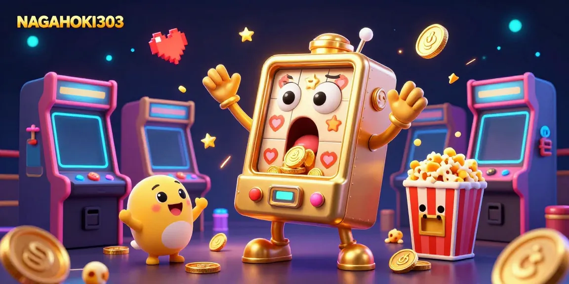 Mesin slot NAGAHOKI303 merayakan kemenangan jackpot dengan koin tertumpah.