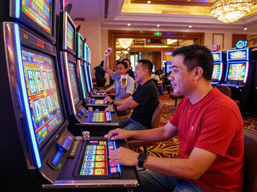 Player engaging with slot gacor machine in a lively casino environment, surrounded by friends celebrating wins.