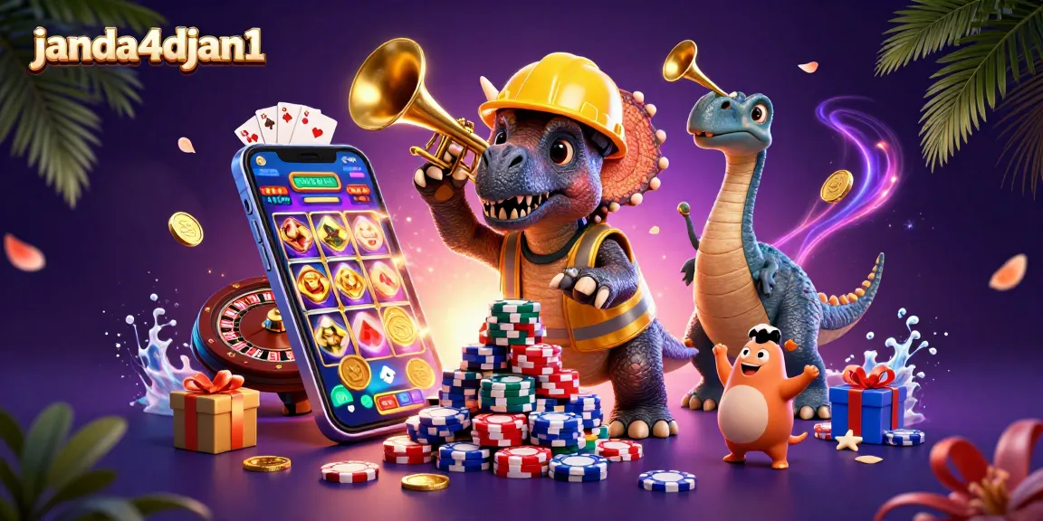 Janda4djan1 menghadirkan momen seru dengan triceratops membangun piramida chip poker dan karakter menyemarakkan suasana.