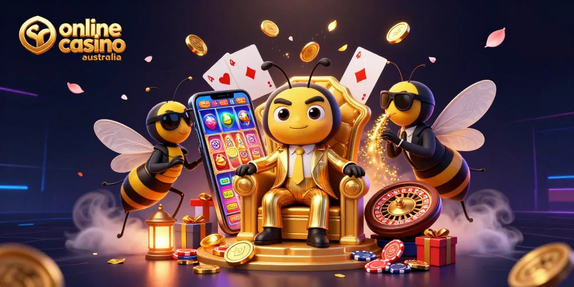 Engage with vibrant online casino Australia visuals featuring a bumblebee mob boss, gaming elements, and an enchanting atmosphere.