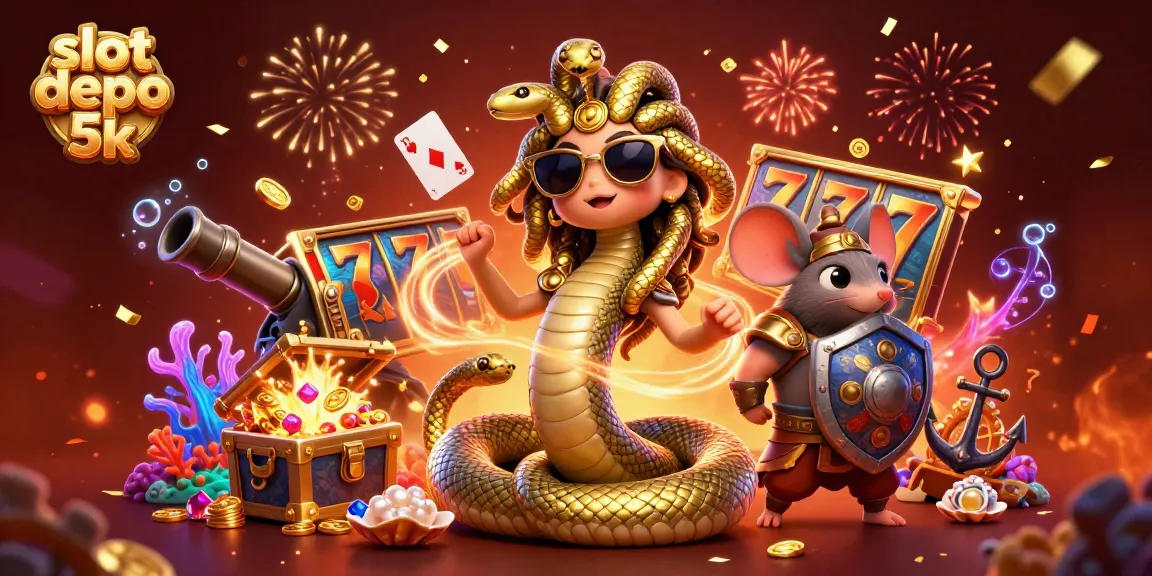 Engage with slot depo 5k showcasing a friendly Medusa and warrior mouse surrounded by vibrant casino elements.