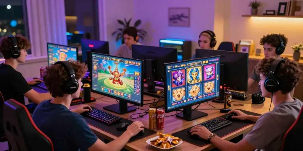 Engaging scene of players enjoying slot online games in a cozy home environment.