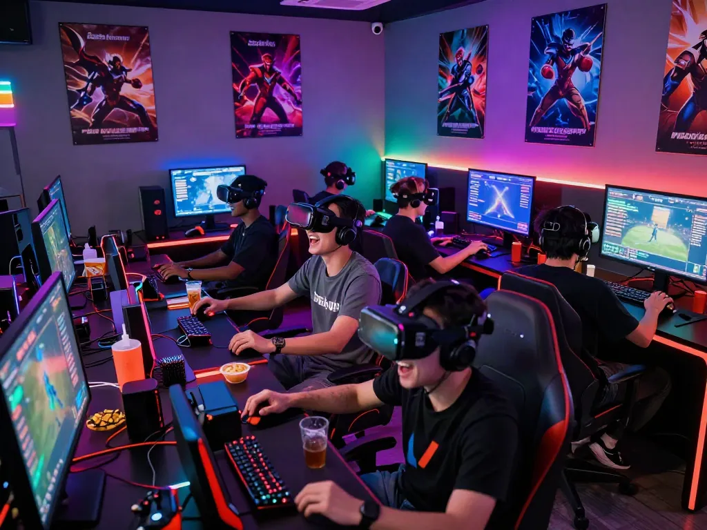 A lively gaming session showcasing rokok88 apk with players in VR headsets and colorful LEDs.