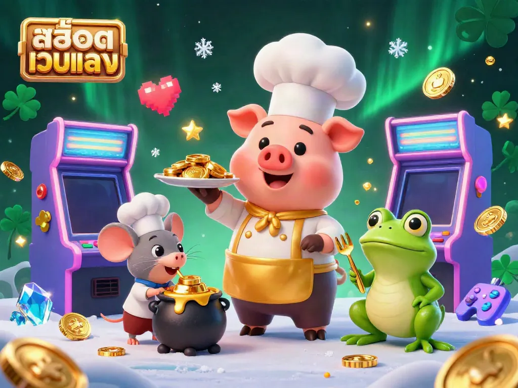 Engage with สล็อตเว็บตรง in a vibrant 3D scene featuring characters and slot game elements.