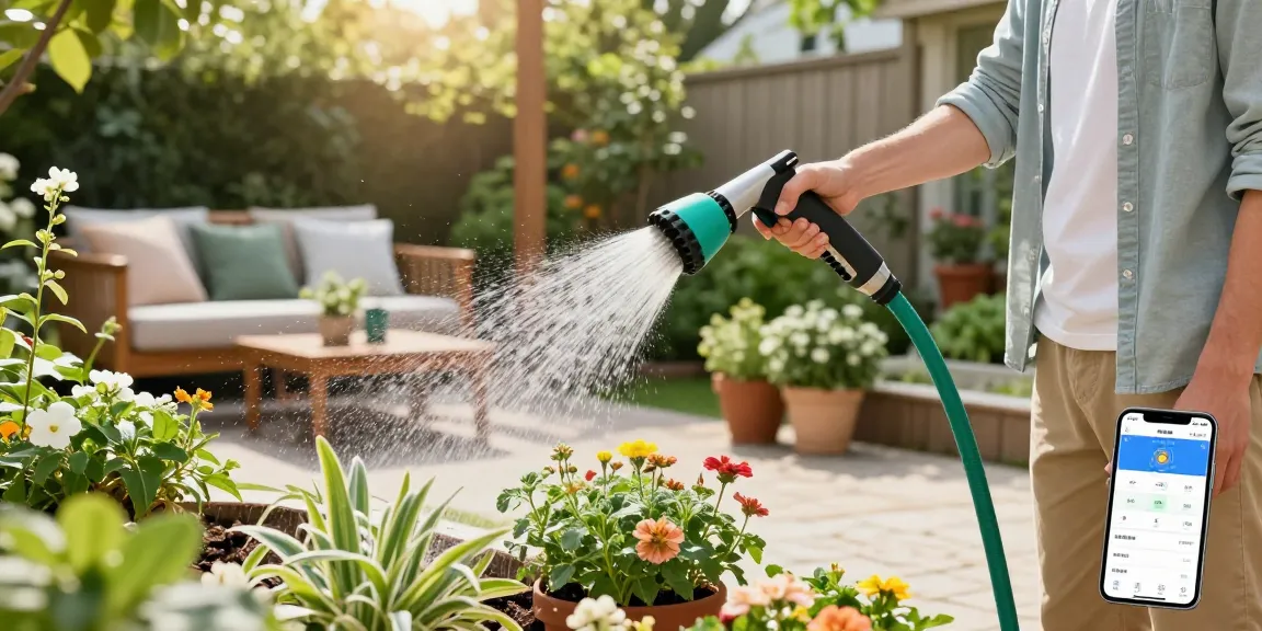 Homeowner using the best hose nozzle to water thriving garden plants, demonstrating versatility and ease.