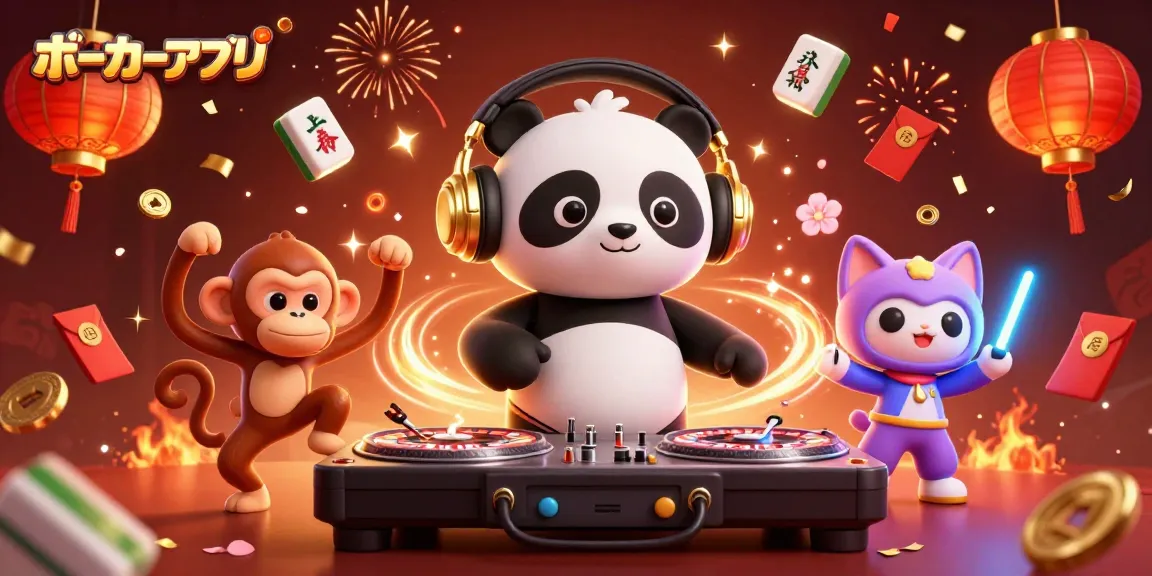 ポーカーアプリを楽しむDJパンダ、ブレイクダンスを踊るサル、光るスティックを持った子猫が共演するカラフルなシーン