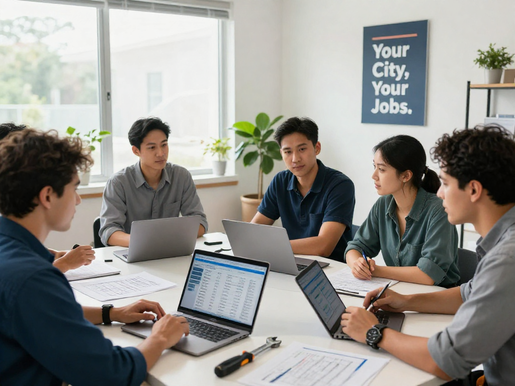 Team strategizing with AI receptionist for small business in vibrant office environment.