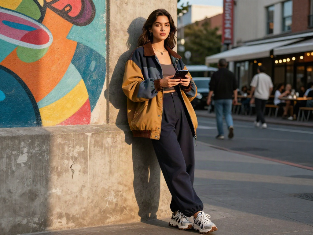 Stylish urban woman showcasing cece rose nude fashion in vibrant street setting during golden hour.