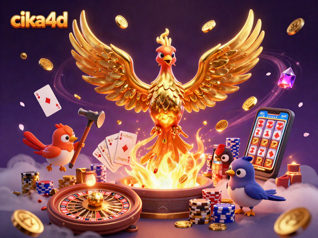 Cascading coins, phoenix, and golden poker chips illustrate cika4d's vibrant gaming atmosphere.