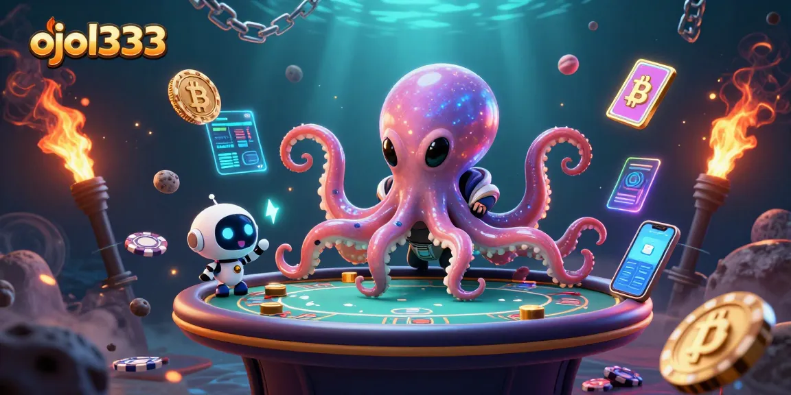 Spin the virtual poker table with ojol333, featuring an alien octopus in a vibrant cosmic setting.