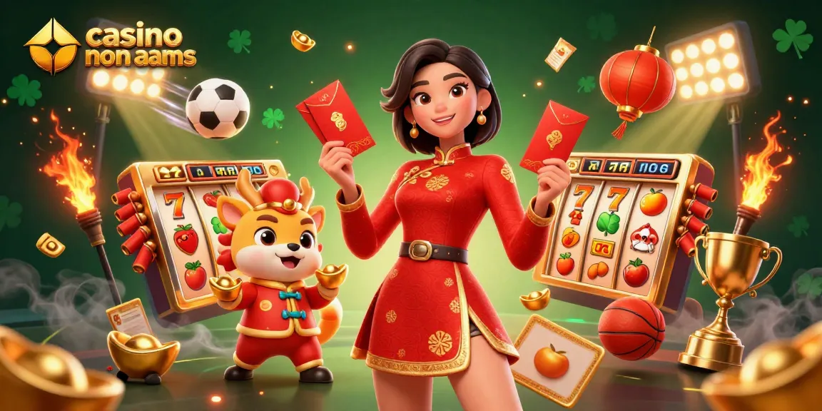 Scena coinvolgente di un casino non AAMS con rulli di slot dinamici e personaggi vibranti che celebrano il Capodanno Lunare.