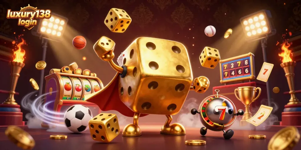 Login Luxury138 dalam permainan kasino slot dengan dadu emas dan elemen menarik lainnya.
