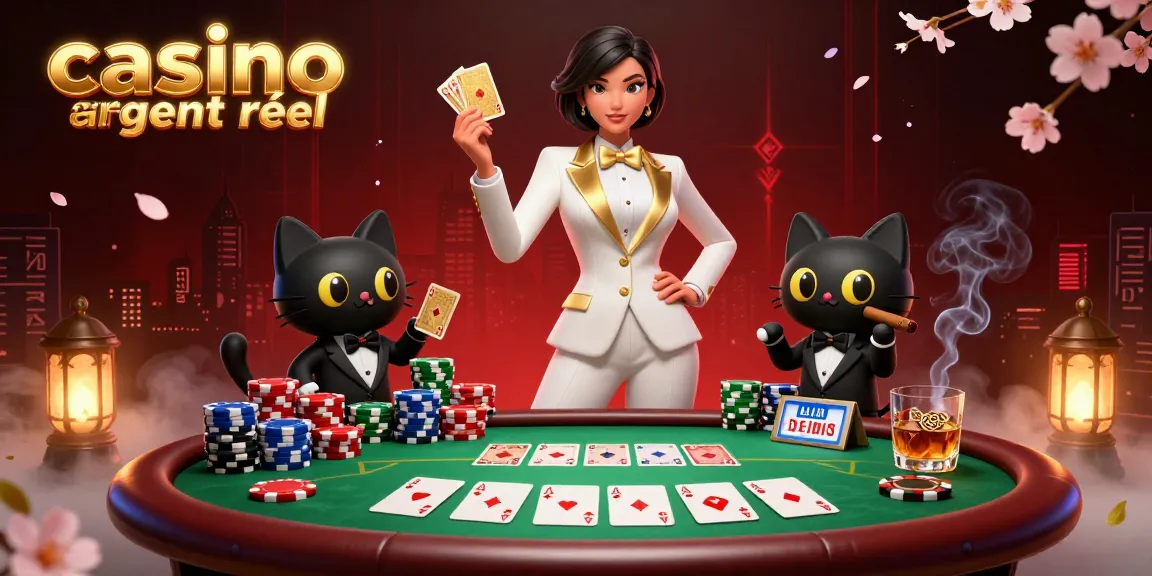 Experience the thrill of casino en ligne argent réel as a glamorous woman shuffles cards with a charming cat by her side.