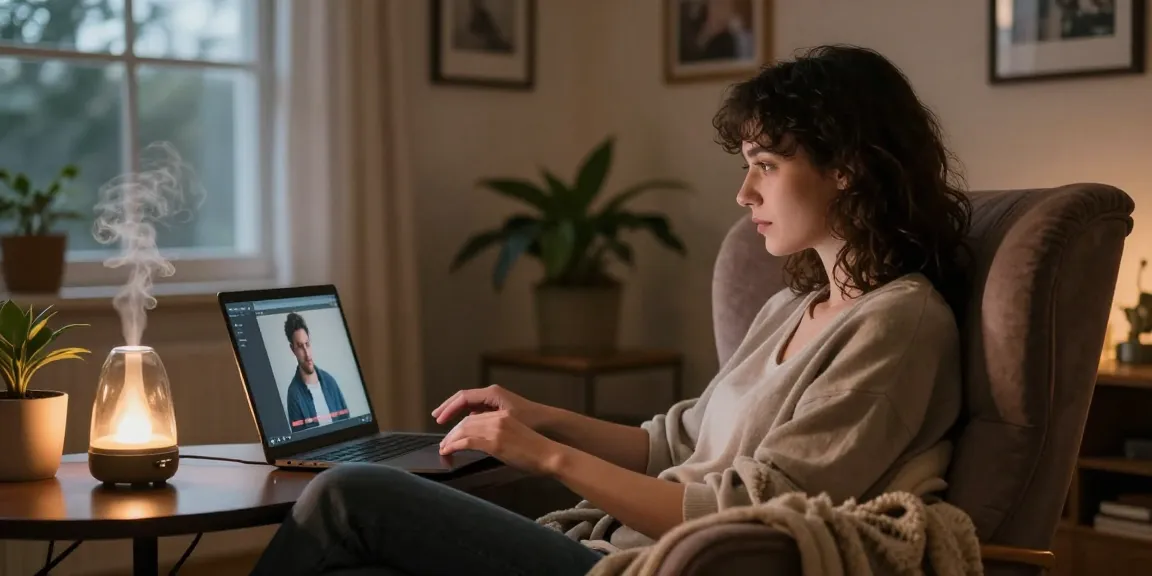 Engaging in a free AI sex chat in a cozy home office setting.