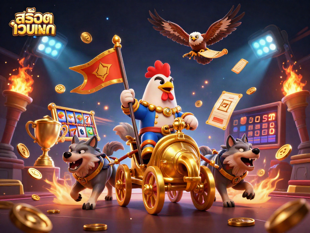 Experience thrilling สล็อตเว็บตรง action with a cartoon rooster warlord leading a dynamic casino scene.