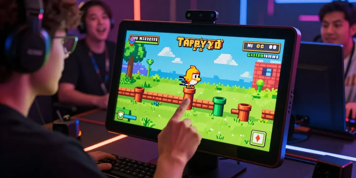 Tappy Bird game showcased on touchscreen with colorful graphics and player action.