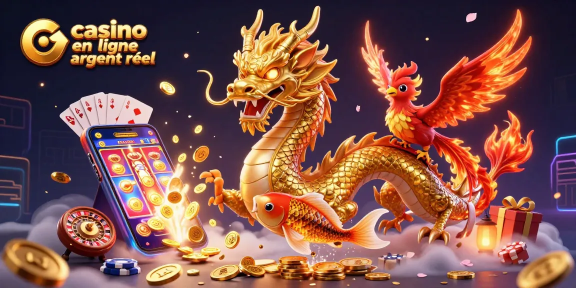 Vivez l'expérience du casino en ligne argent réel avec une scène dynamique en 3D d'un dragon, d'un phénix et d'un poisson koi.
