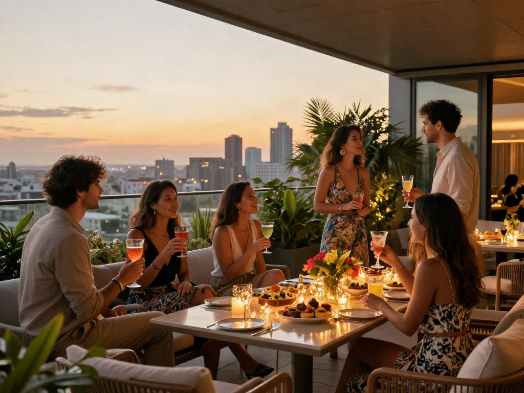 Perayaan mewah dengan teman di lounge penthouse, menampilkan luxury111 dengan suasana hangat dan makanan lezat.