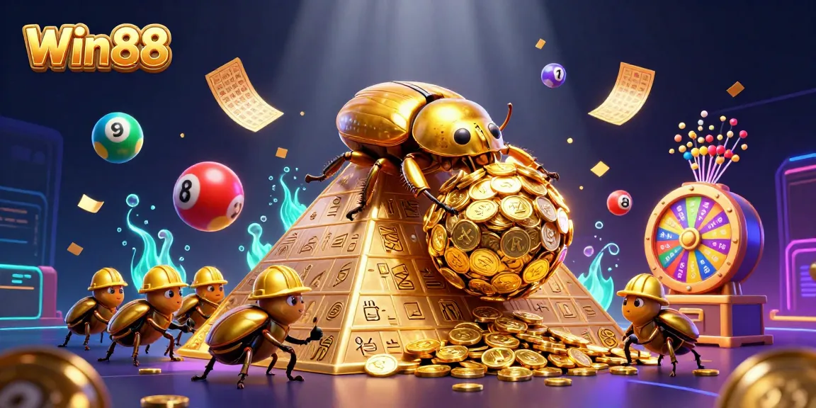 Win88 featuring a golden dung beetle and vibrant casino elements in a dynamic scene.