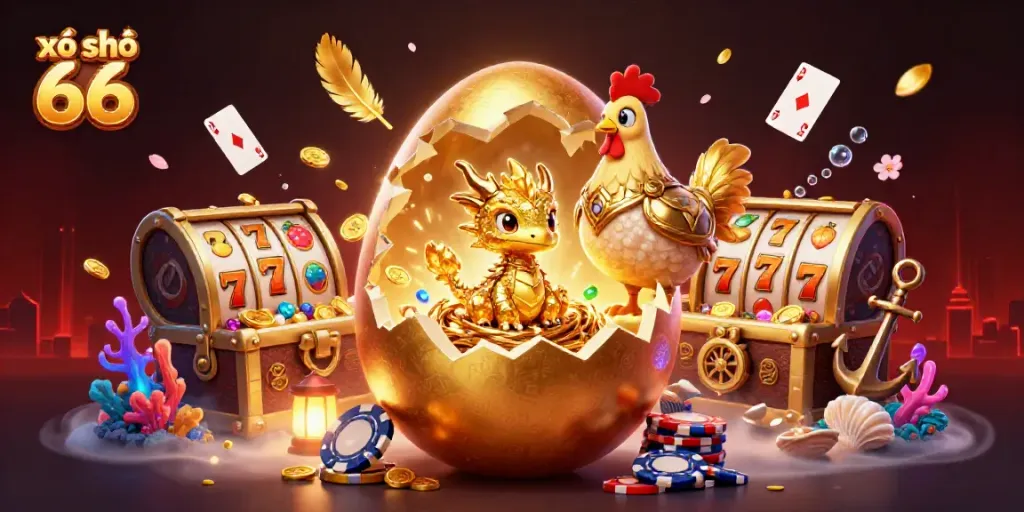 Engage gamers with thrilling xổ số 66 action showcasing a 3D golden dragon and poker chips illustration.