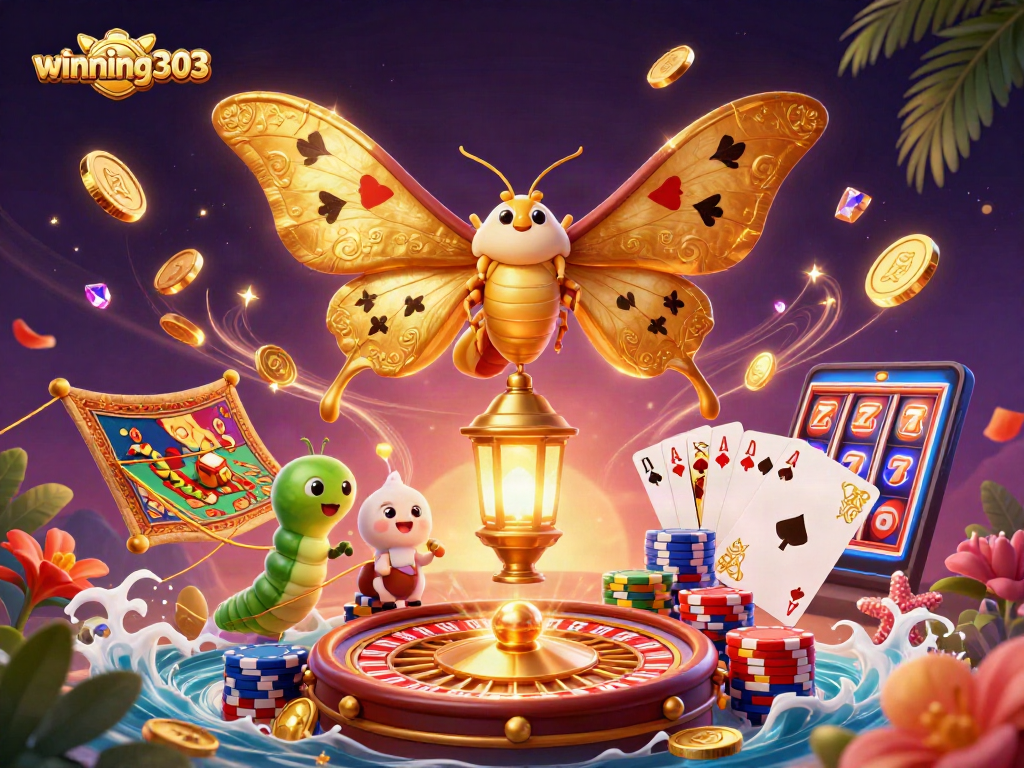 Winning303 captures the thrill of casino gaming with a vibrant 3D illustration featuring golden moths and dynamic symbols.