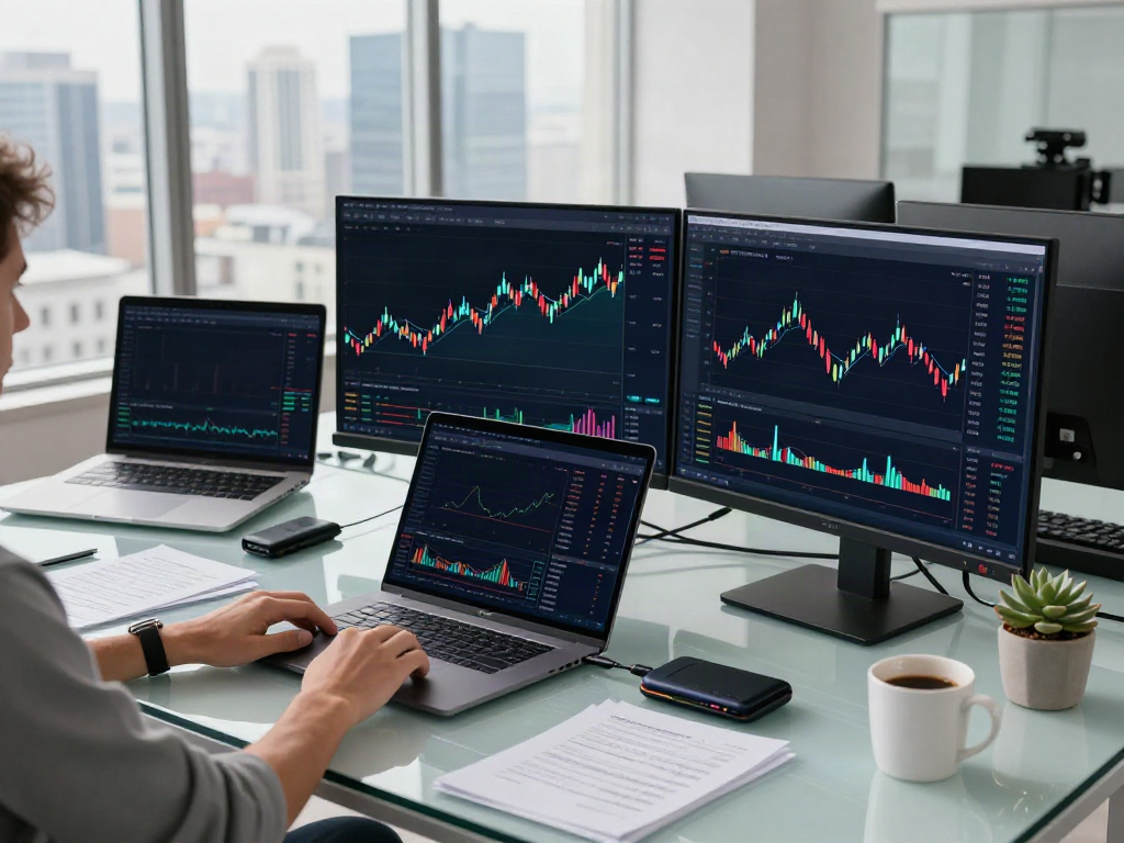Dynamic cryptocurrency trading workspace showcasing 期货行情API interface with market data, charts, and advanced trading tools in a professional office environment.