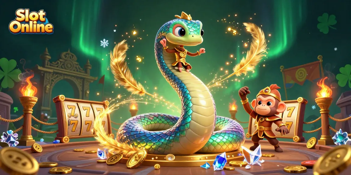Engage with Slot Online gaming featuring a colorful serpent and a playful monkey king in an exciting casino scene.