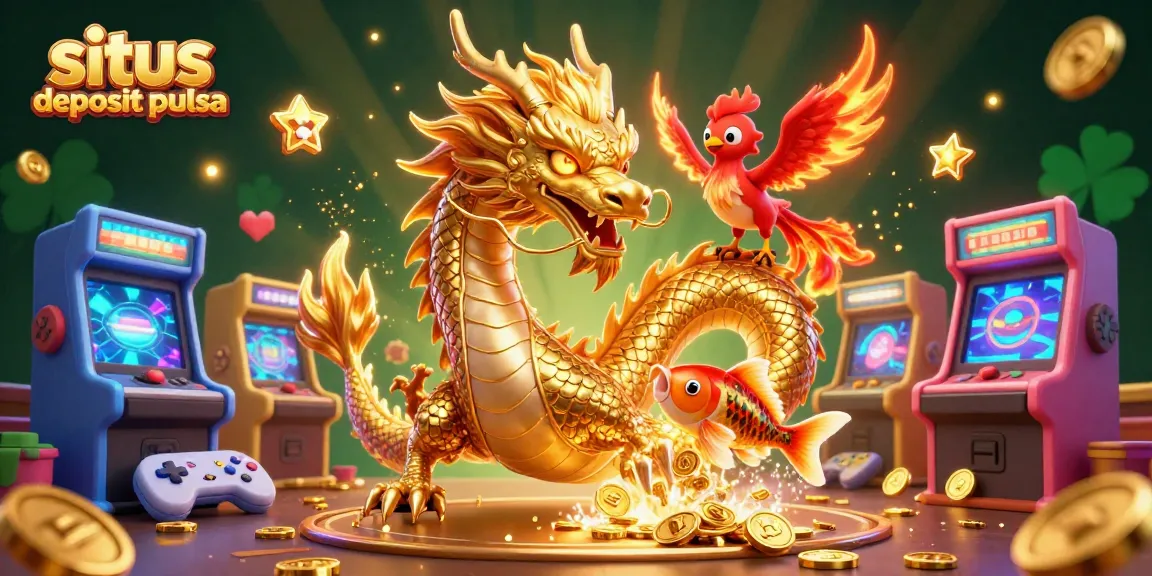 Situs deposit pulsa illustrates a fierce dragon, phoenix, and koi fish among gaming elements, showing vibrant online casino excitement.