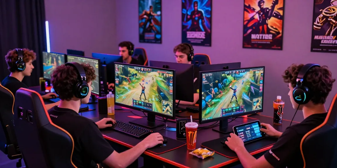 Engaged players in a vibrant online gaming setup for newbet4d, celebrating wins with colorful LED lights.
