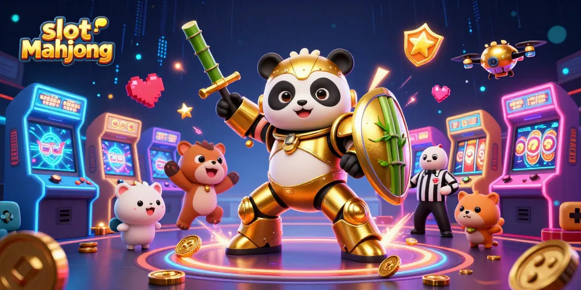 Experience slot mahjong excitement with a panda-themed robotic battle in a vibrant casino scene.