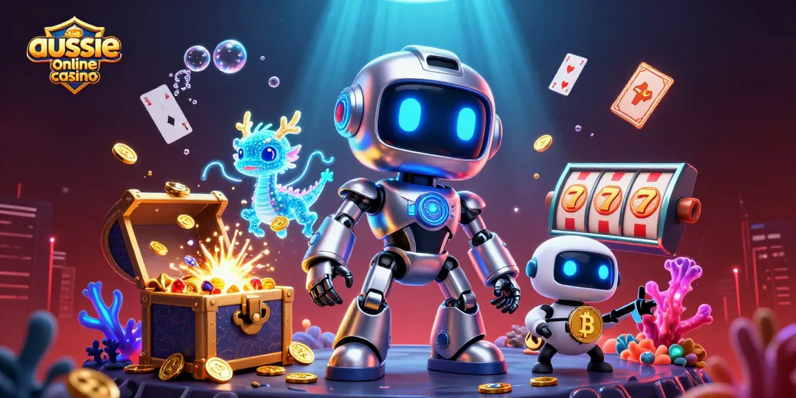 Engage with the enticing aussie online casino scene featuring dynamic robots, a bitcoin-carrying drone, and vibrant game elements.