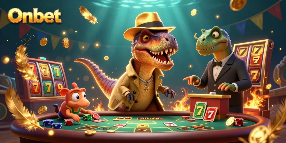 Onbet velociraptor card counter engaging at a vibrant blackjack table amidst a rich casino atmosphere.
