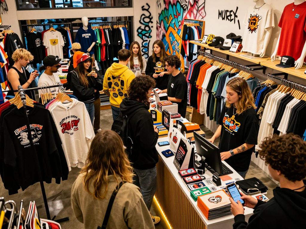 Shoppers enjoying streetwear fashions at rokok88 boutique with vibrant atmosphere.