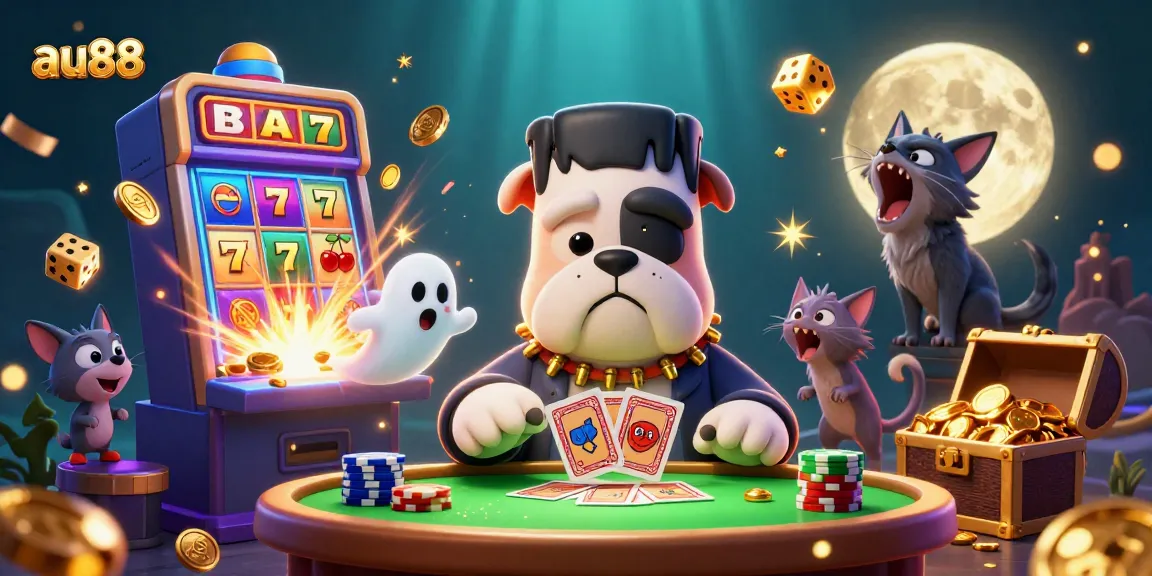 Join the fun at au88 with a thrilling casino scene featuring a bulldog dealer and gold coins!