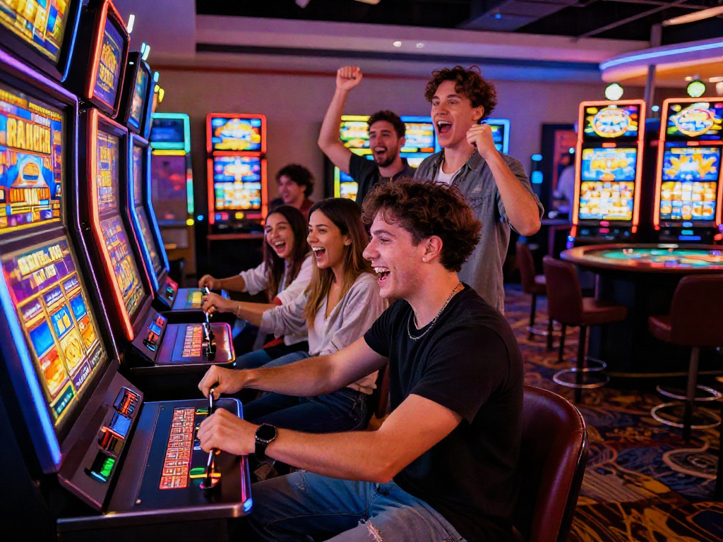 Friends celebrating around a slot gacor machine in a lively casino.
