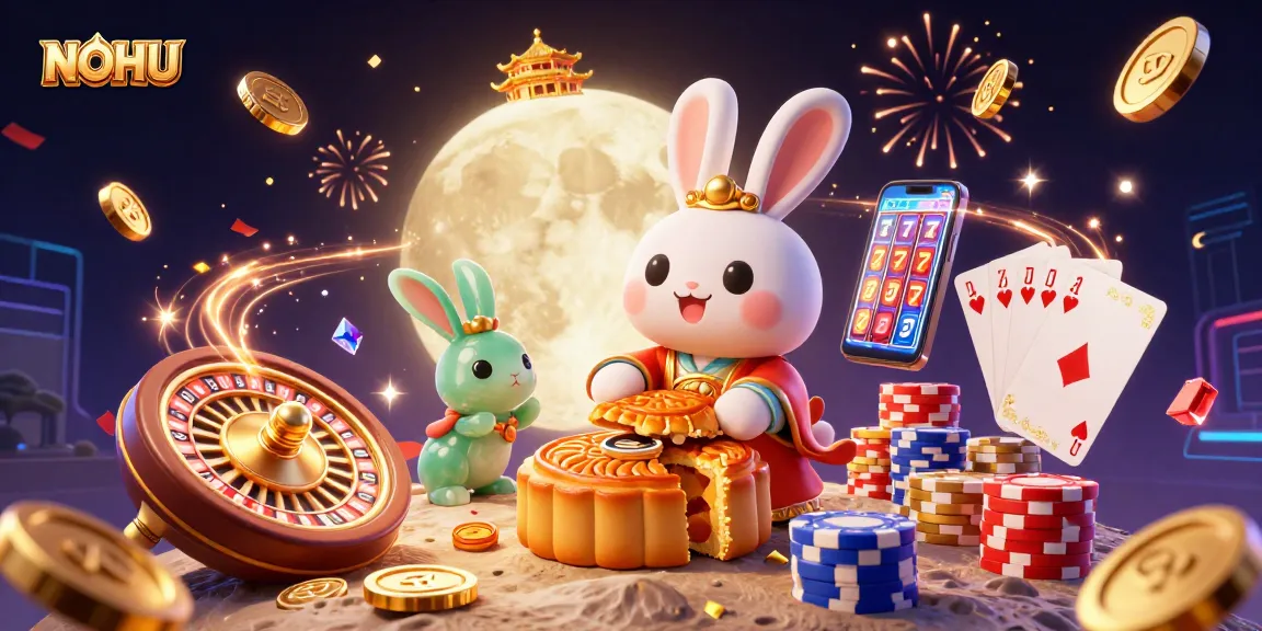 Engage with NOHU, where playful moon rabbits reveal poker chips amidst a sparkling casino world.
