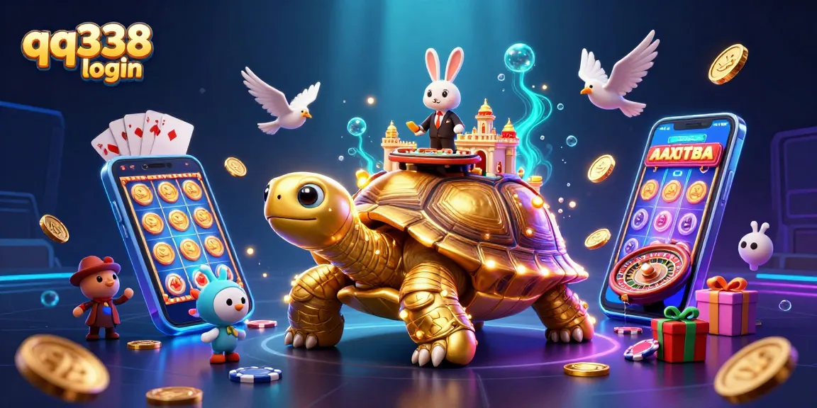 Experience the thrill with qq338 login showcasing a captivating casino scene featuring animated characters and vibrant gaming elements.