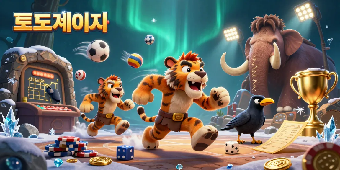 Bet on 토토사이트 in a dynamic, prehistoric casino scene with cartoon characters and sports elements.
