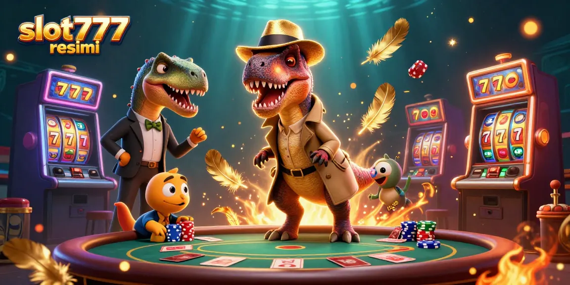 Engage with slot777 resmi games featuring lively dinosaur characters at an exciting casino setting.