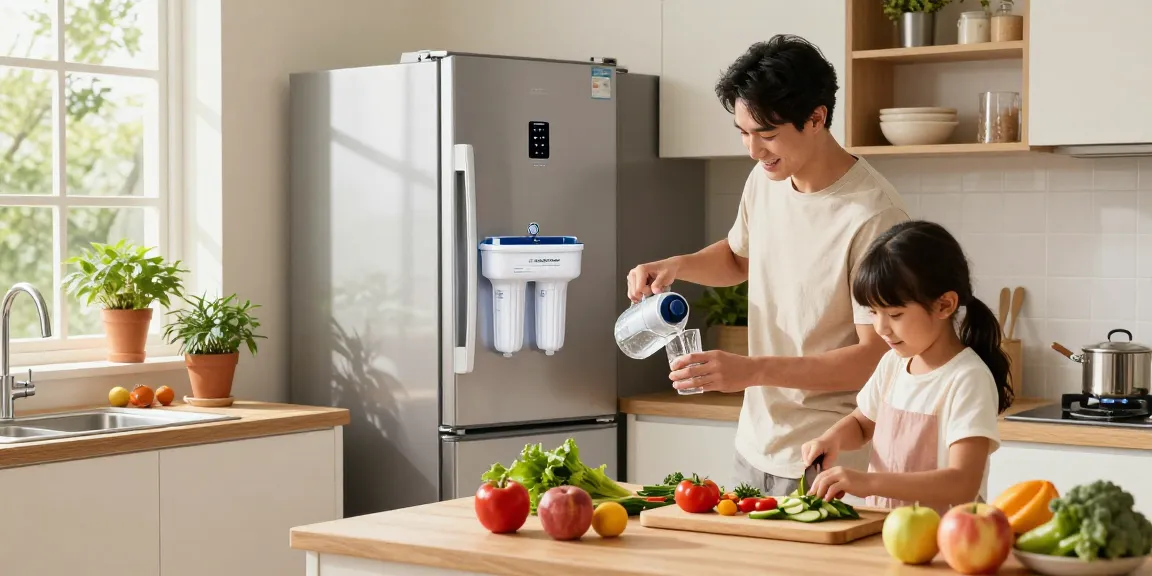 Engaging kitchen scene showcasing the Waterdrop 7440000 Filter Replacement for Liebherr® 7440000 in use, emphasizing fresh, filtered water.