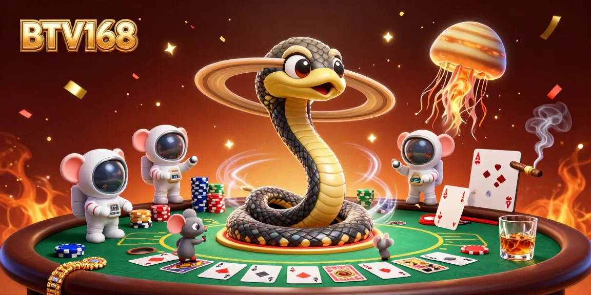 Engage in cosmic casino fun with BTV168’s vibrant illustration showcasing bets and gameplay.