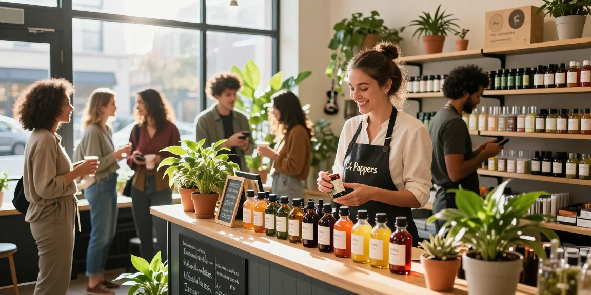 C4 poppers-review: A vibrant herbal shop scene showcasing colorful C4 Poppers bottles and an engaging shopkeeper.