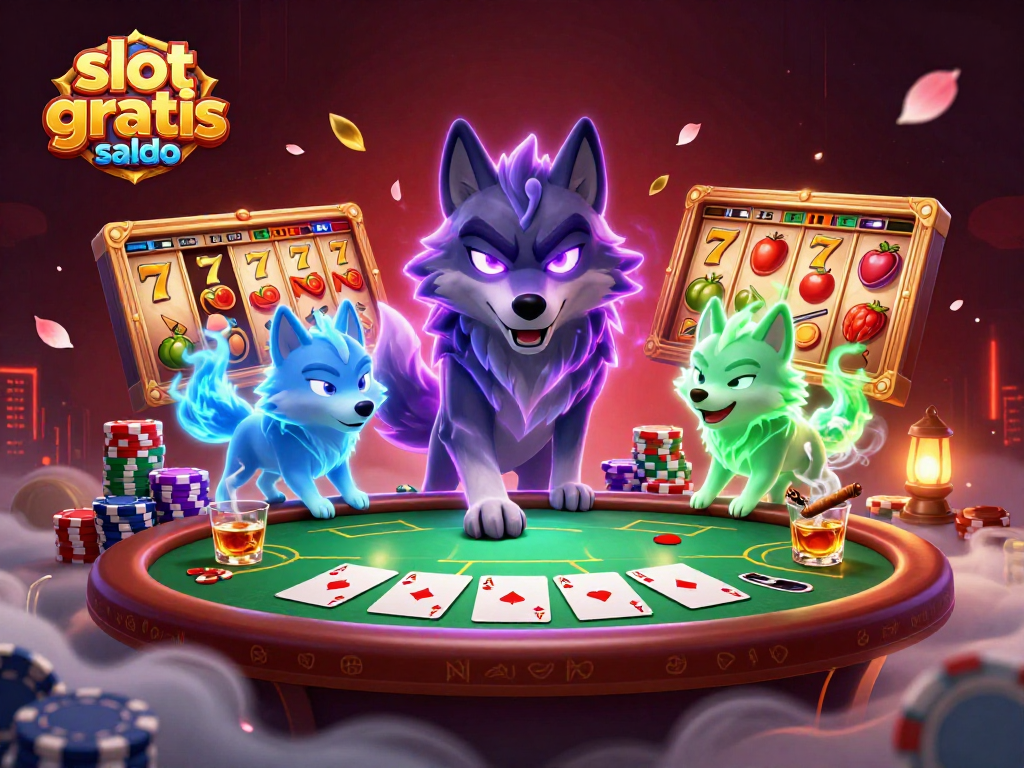 Spin the reels for slot gratis saldo in this vibrant casino illustration featuring ghostly wolves.