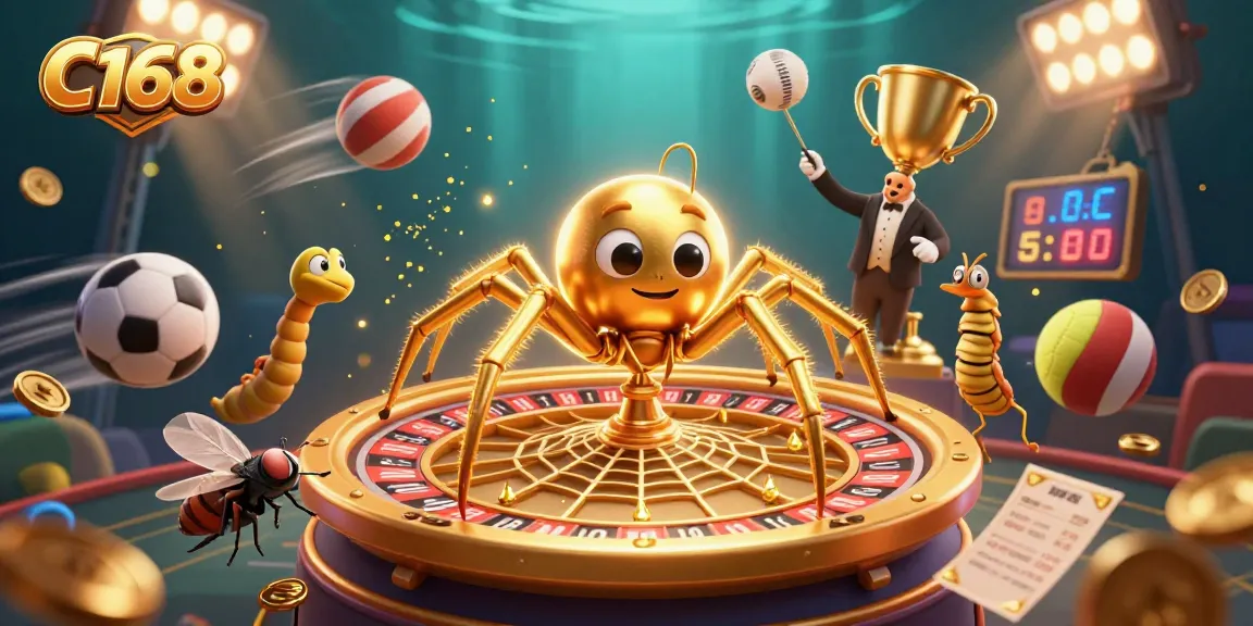 Place bets at C168 with a golden spider spinning a roulette wheel web, sporting elements around.
