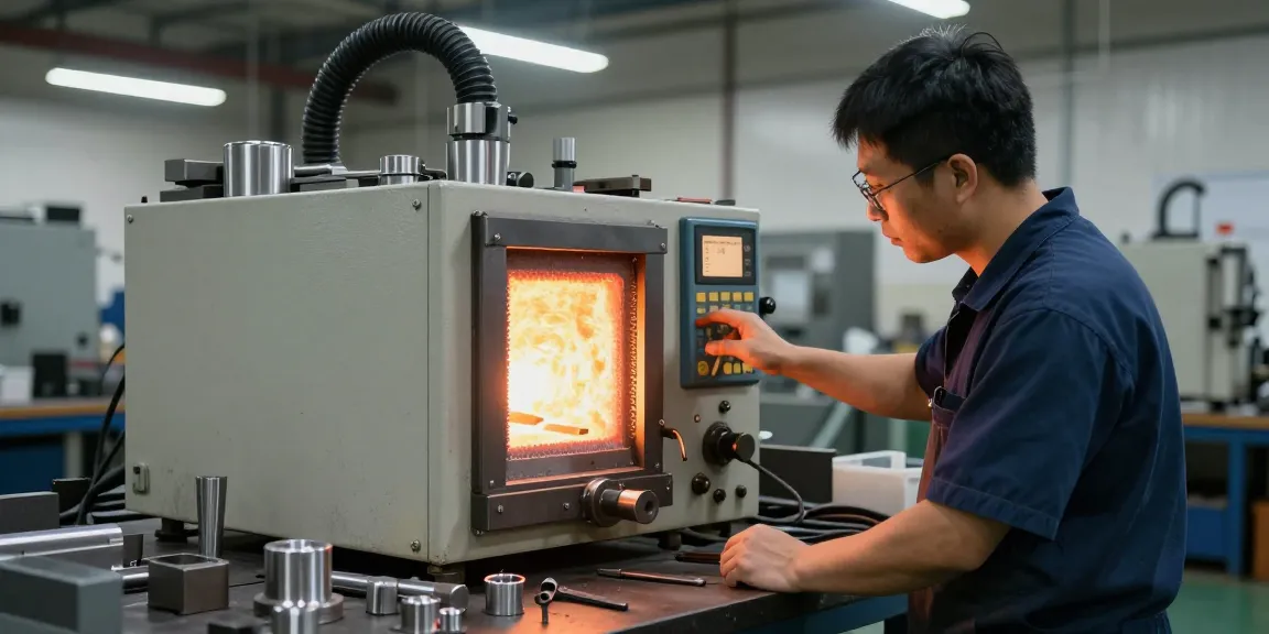 Technician controlling an induction furnace with precise temperature settings in an industrial workshop.